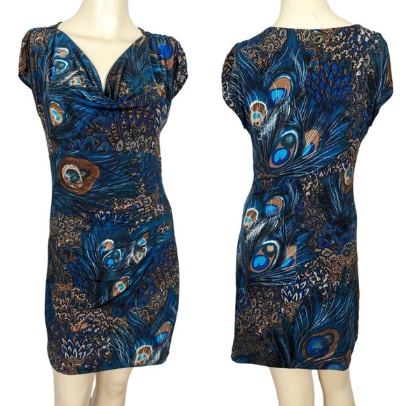 Linda Segal Vintage 1990's peacock abstract print empire waist mini dress S‎ - Picture 1 of 12